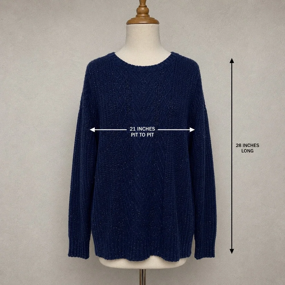 Aerie Navy Blue Confetti Cable Knit Sweater Womens Medium Crewneck Wool Blend